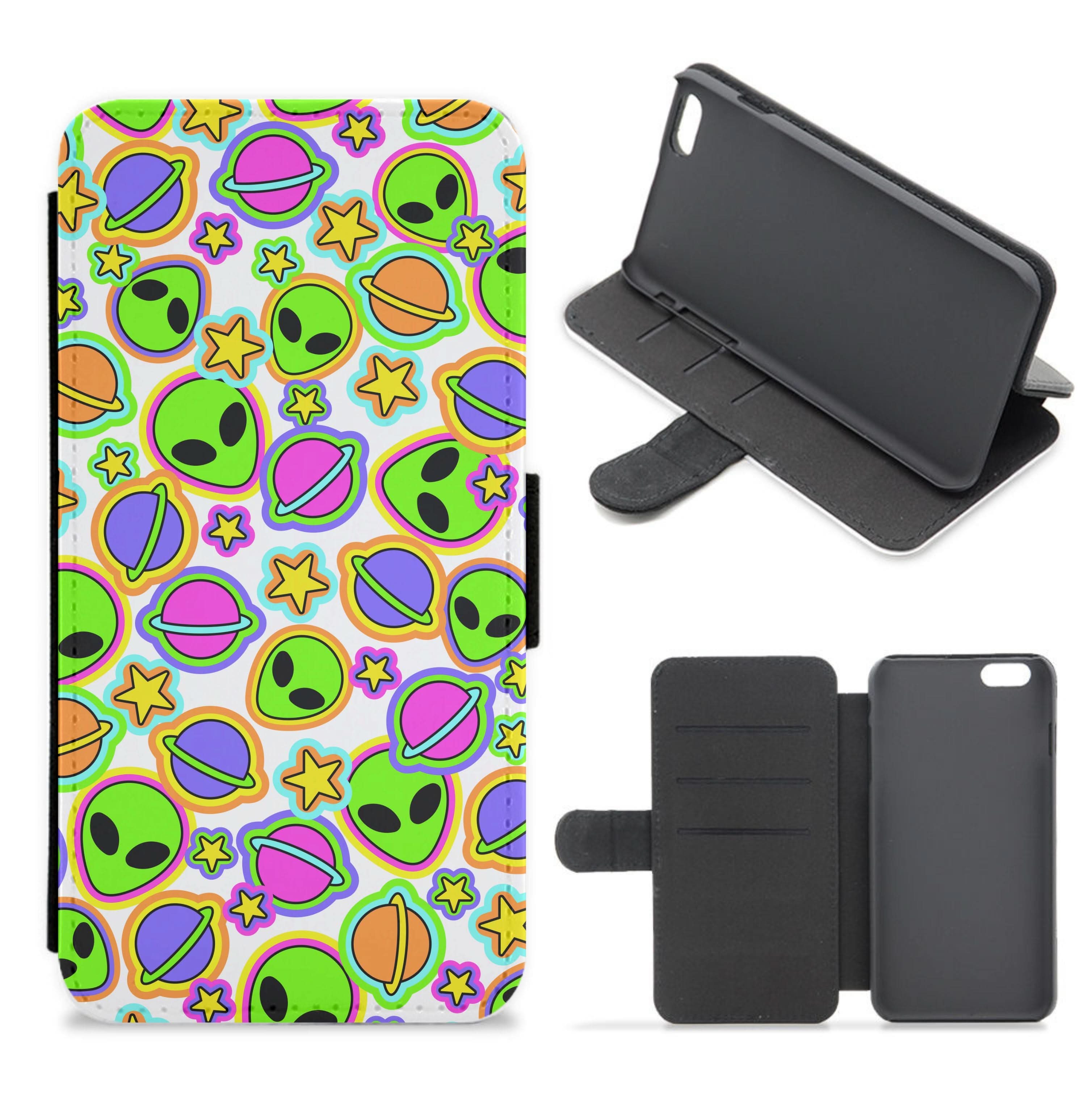 Colourful Aliens And Stars Flip / Wallet Phone Case