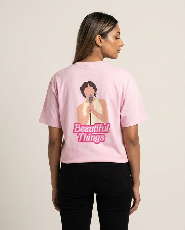 Neon Pink Beautiful Things T-Shirt — Pink Back, worn