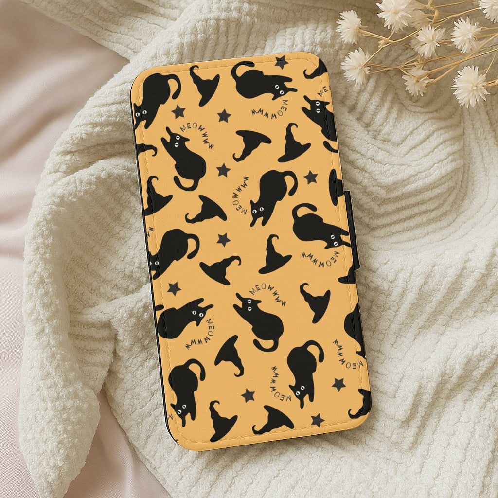 Black Cat And Hats Pattern Leather Phone Case