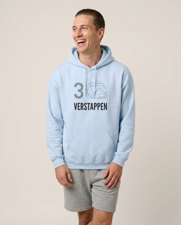 Verstappen Helmet 2026 Hoodie — Blue Front, worn