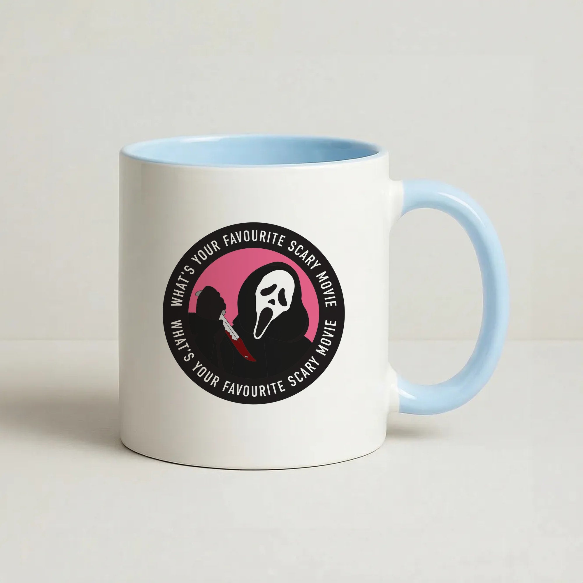 What's Your Favourite Scary Movie Badge Coffee Baby Blue Mug