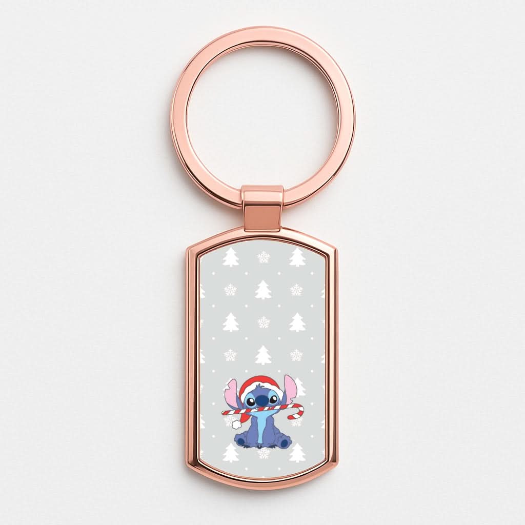 Cute Blue Alien Candycane Rose Gold Keyring