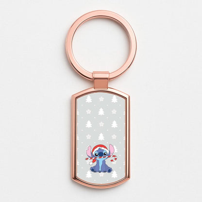 Cute Blue Alien Candycane Rose Gold Keyring