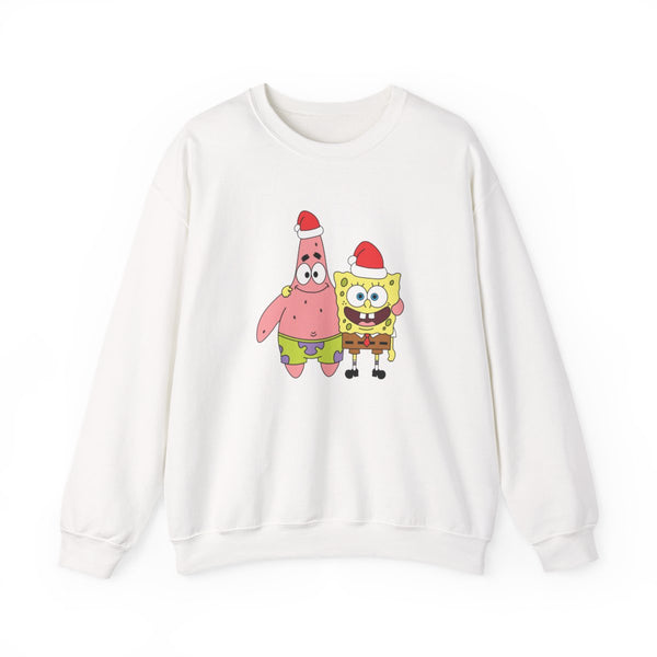 Cartoon Sponge And Starfish Christmas Hats Sweatshirt White Front