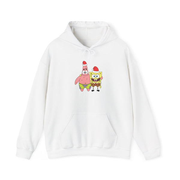 Cartoon Sponge And Starfish Christmas Hats Hoodie White Front