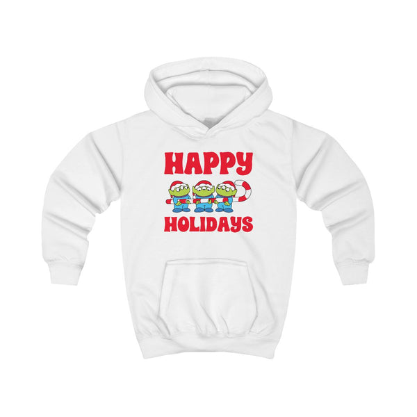 Happy Holidays Cute Green Aliens Kids Hoodie White Front