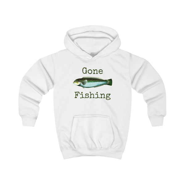 Gone Fishing  Kids Hoodie White Front