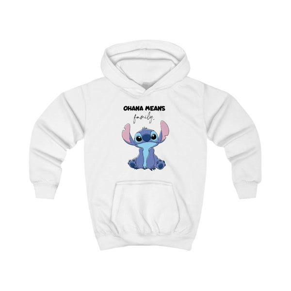 Ohana Means Family Pink Kids Hoodie White Front