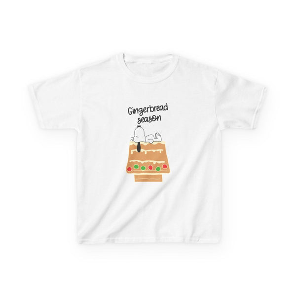 Cartoon Beagle Gingerbread House Kids T-Shirt White Front