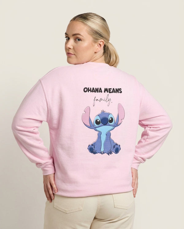 Ohana Means Family Pink Sweatshirt — Pink Back, worn