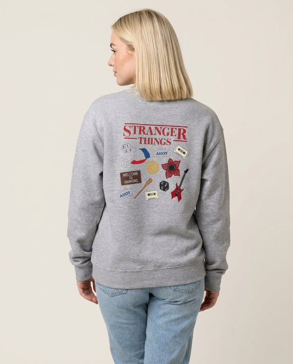 Stranger Things Cartoon Icons Sweatshirt — Grey Back, worn