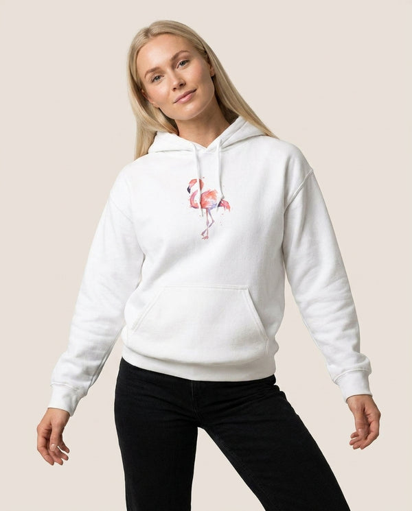 Watercolour Flamingo Painting Hoodie — White Front, worn