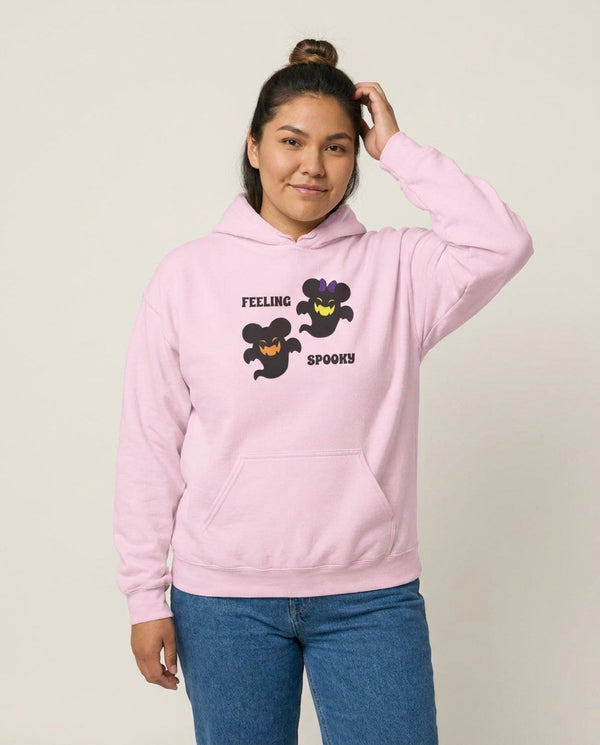 Feeling Spooky Mouse Ghosts Hoodie — Pink Front, worn