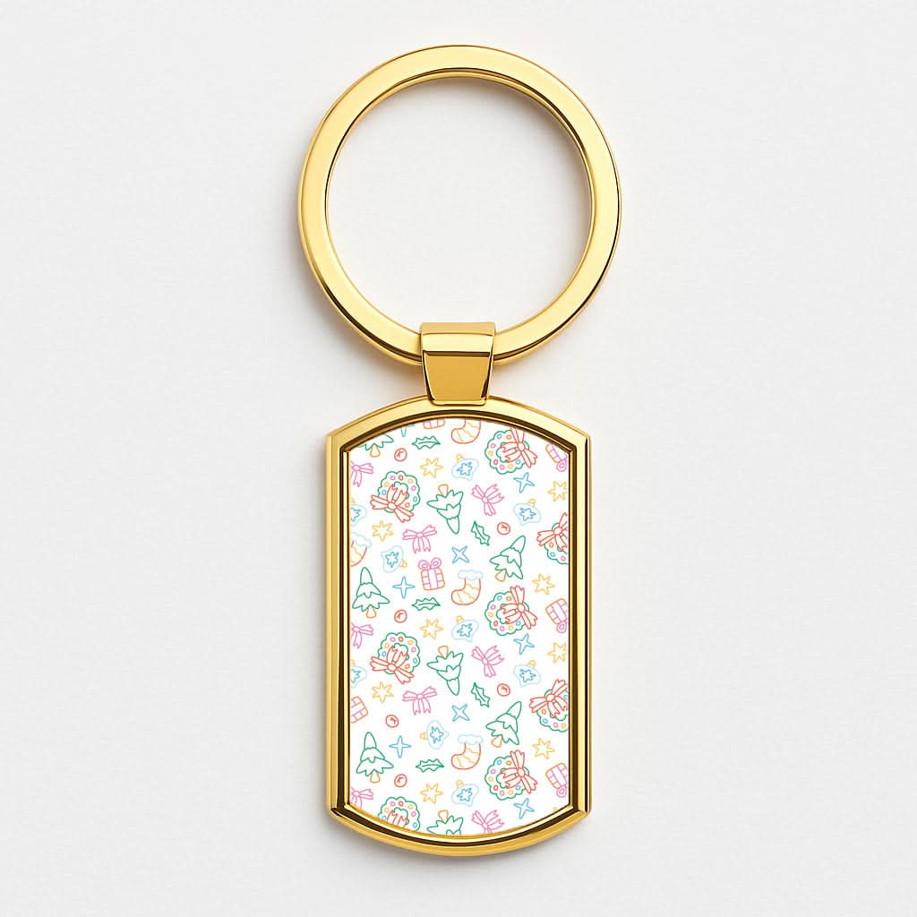 Neon Christmas Icons Pattern II Gold Keyring