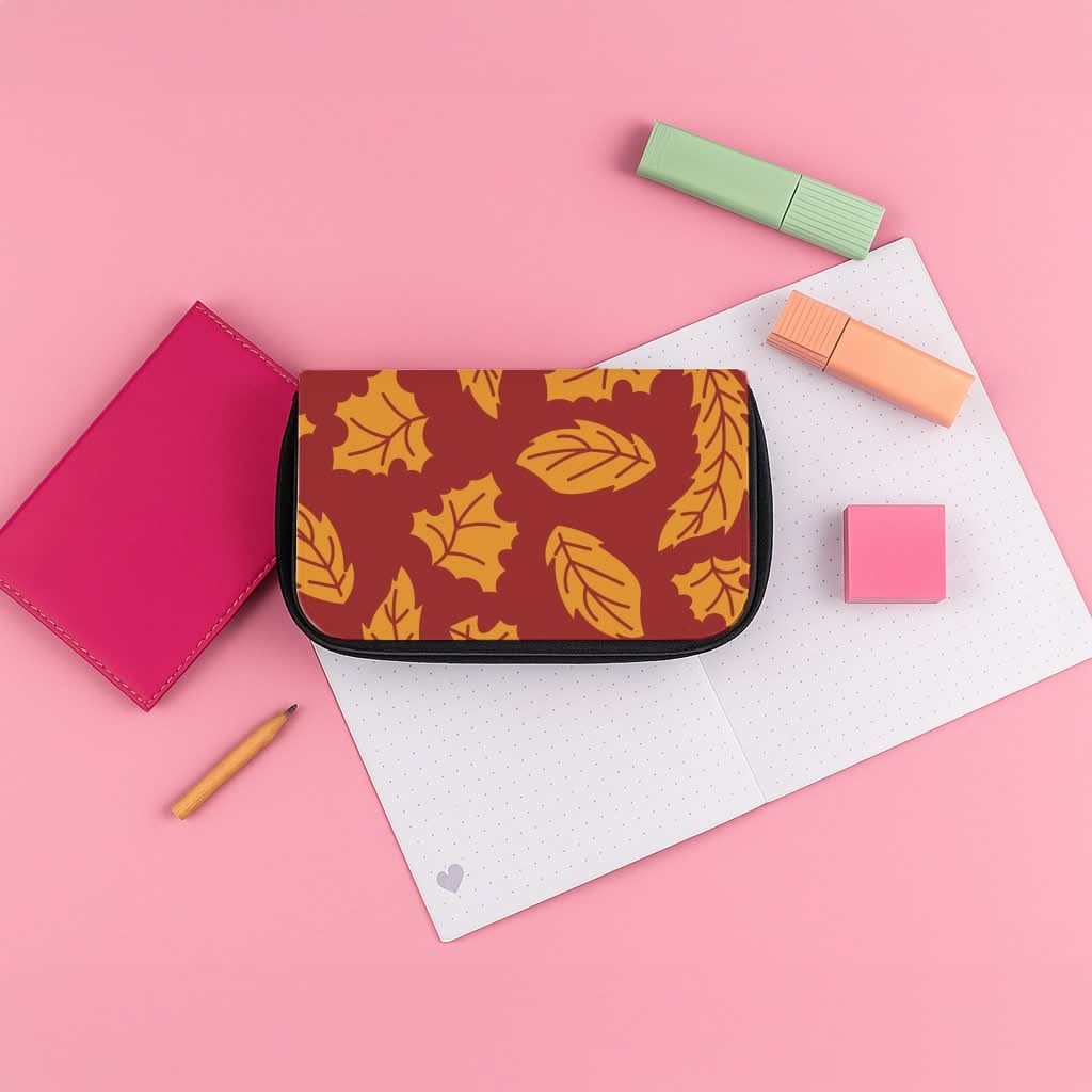 Orange Leaves Pattern Pencil Case