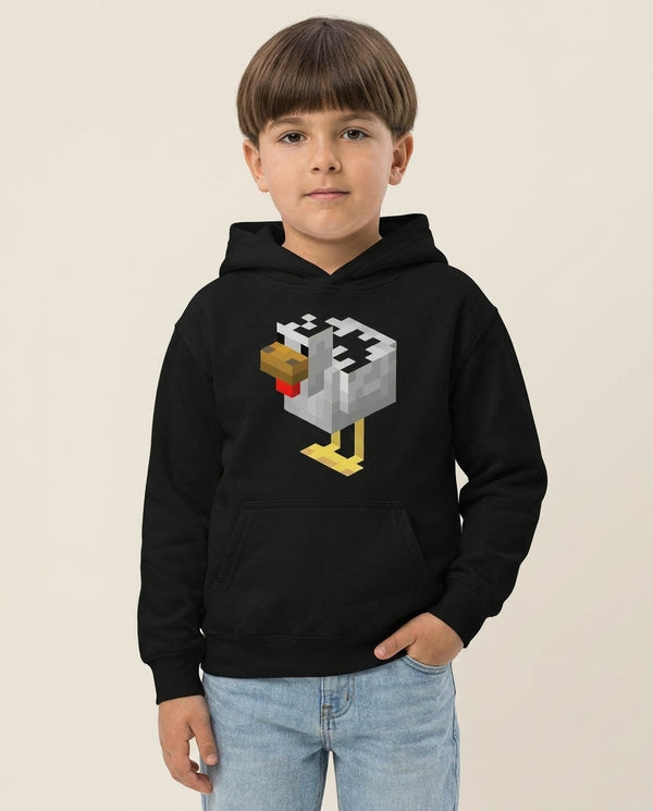 Mining Chicken Kids Hoodie — Black Front, worn