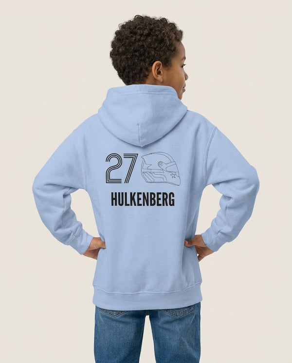 Hulkenberg Helmet 2026 Kids Hoodie — Blue Back, worn
