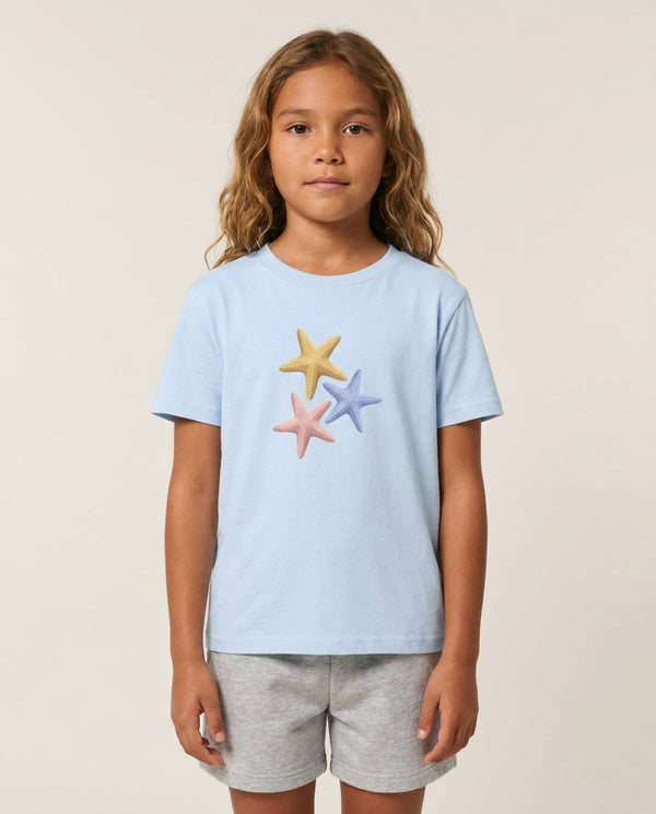 Starfish Cluster Kids T-Shirt — Blue Front, worn