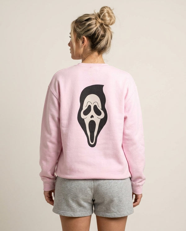 Pink Ghostface Pattern - Scream Sweatshirt — Pink Back, worn