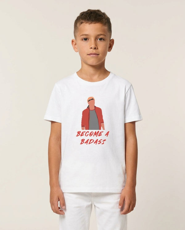 Become A Badass Kids T-Shirt — White Front, worn