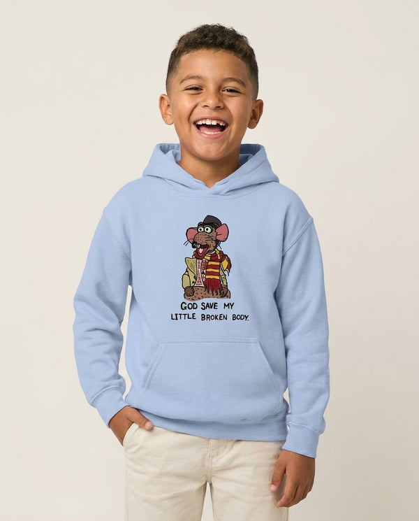 God Save My Broken Body Kids Hoodie Blue Front, worn