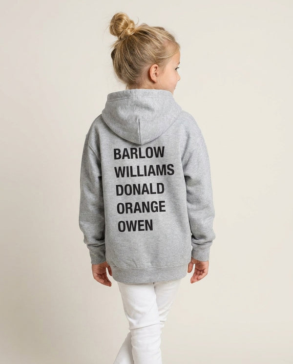Take Band Members Names Kids Hoodie — Grey Back, worn