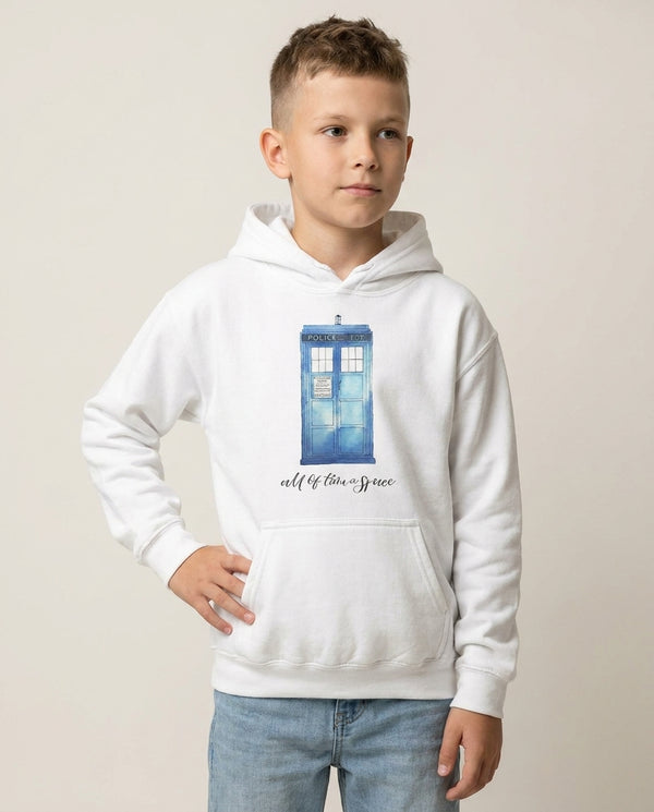 All of Time and Space Kids Hoodie — White Front, worn