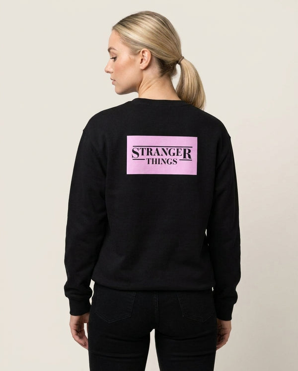 Pink Galaxy Stranger Sweatshirt — Black Back, worn