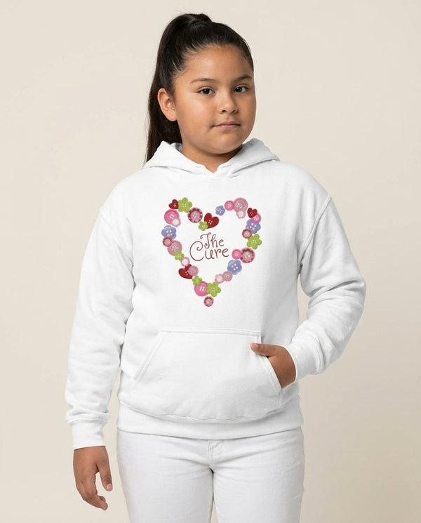 Button Heart Kids Hoodie — White Front, worn