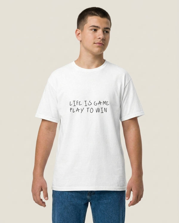 Life Is A Game T-Shirt — White Front, worn