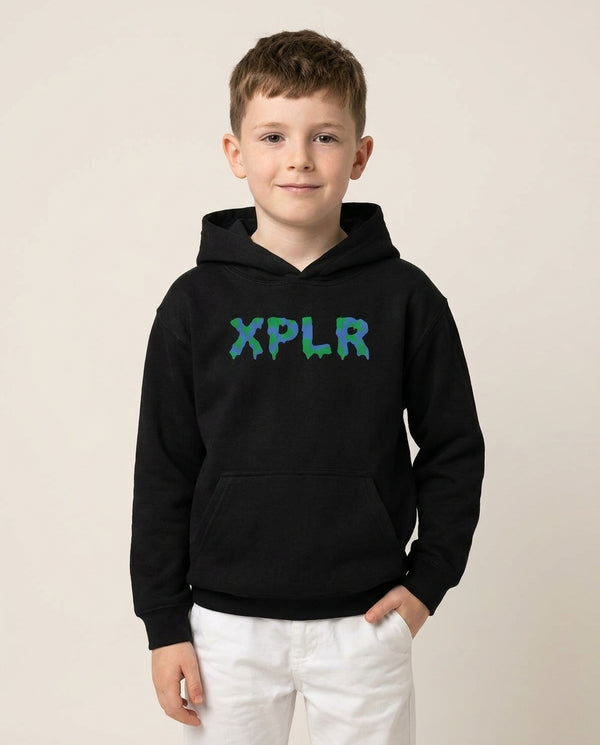 XPLR - S & C Kids Hoodie — Black Front, worn