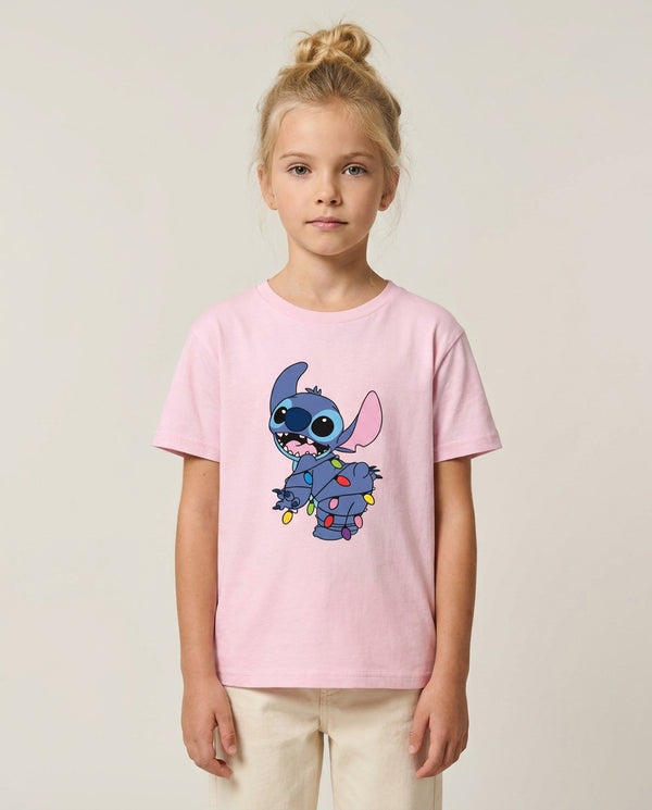 Cute Blue Alien Fairylights Kids T-Shirt — Pink Front, worn