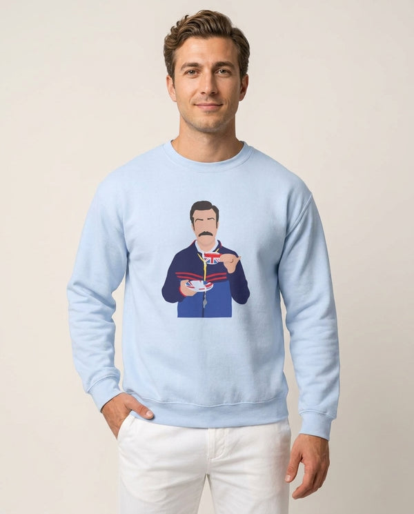 Ted Drinking Tea Sweatshirt — Blue Front, worn