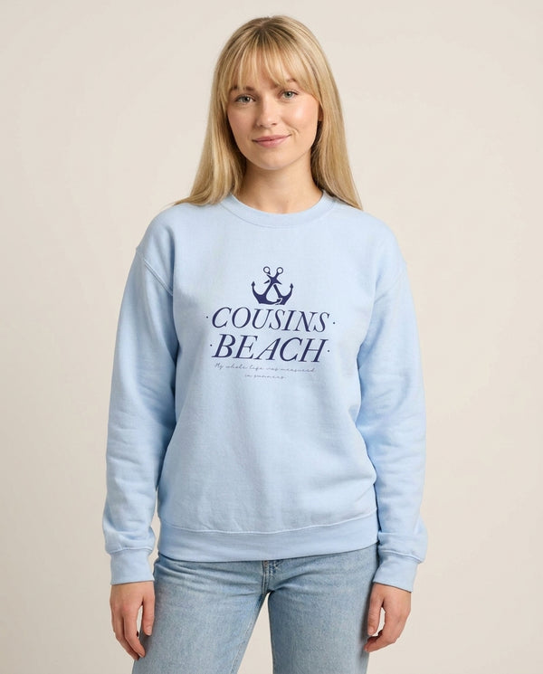 Stripes Cousin Beach Sweatshirt — Blue Front, worn