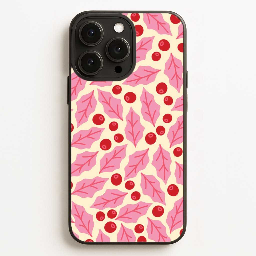 Pink Holly And Berries Pattern iPhone 16 Pro Case
