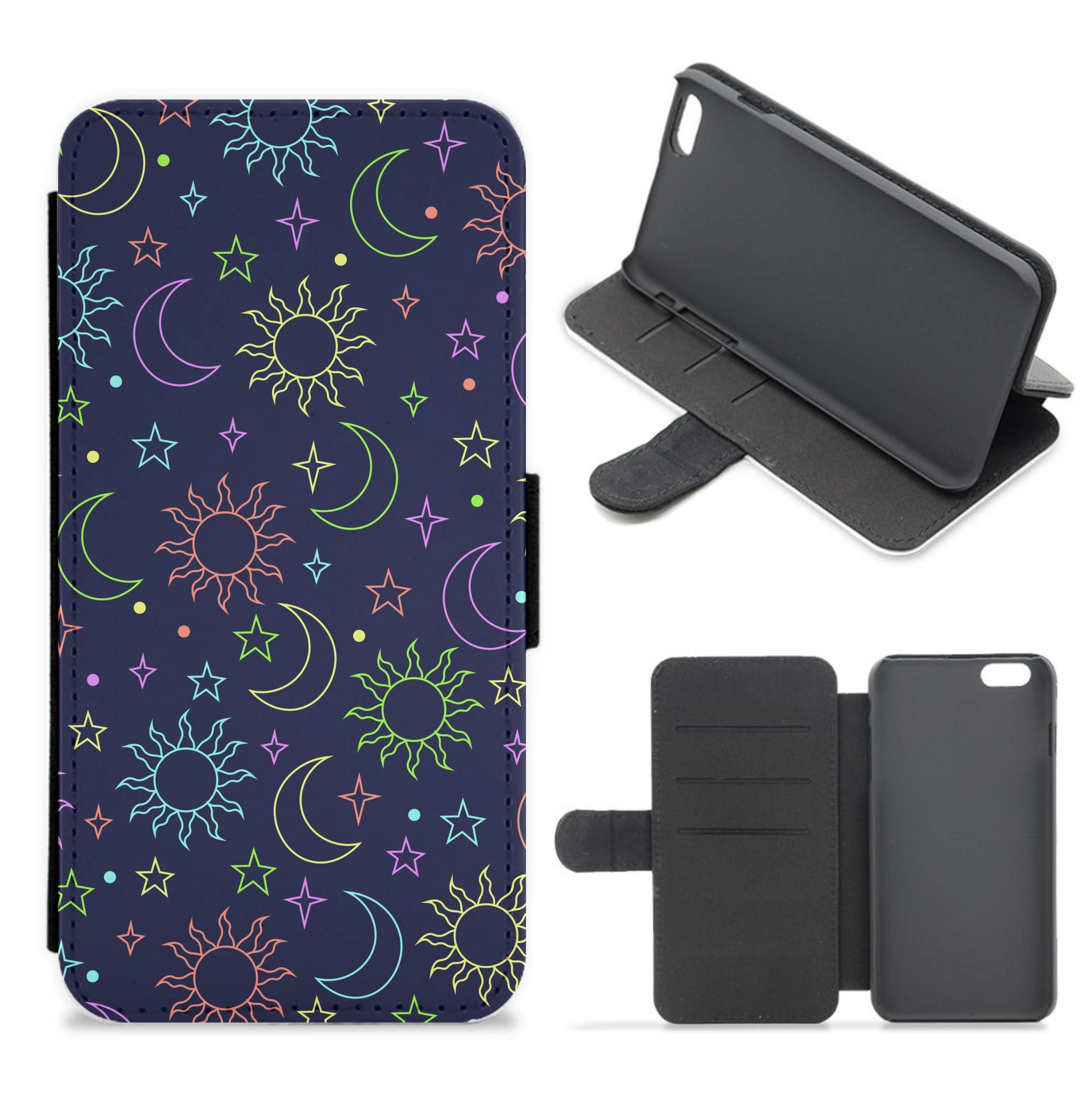 Sun, Moon And Stars Pattern Rainbow Flip / Wallet Phone Case