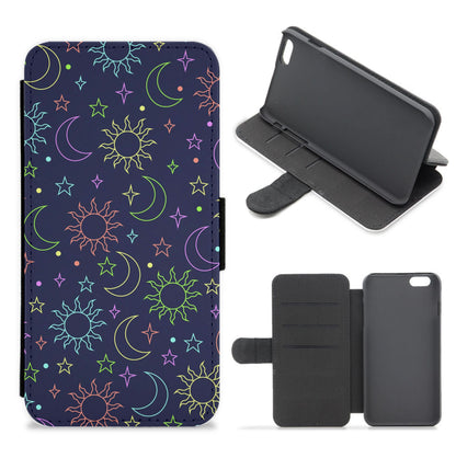 Sun, Moon And Stars Pattern Rainbow Flip / Wallet Phone Case