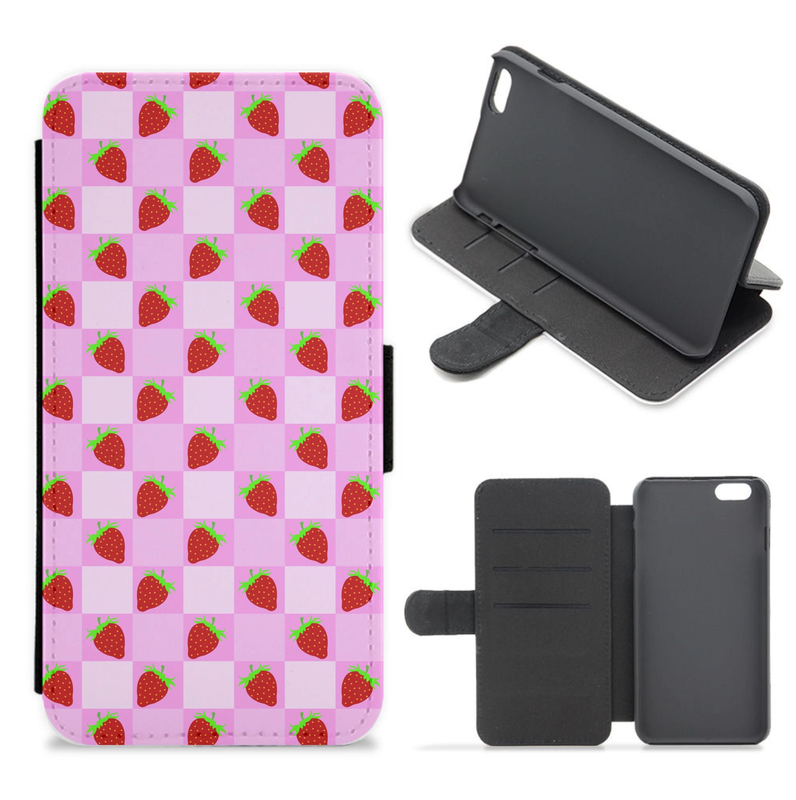 Checkered Strawberries Pattern Flip / Wallet Phone Case