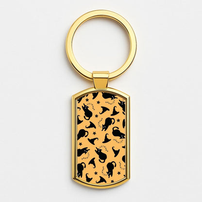 Black Cat And Hats Pattern Gold Keyring