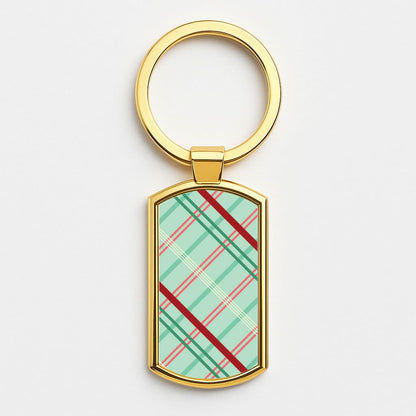 Pastel Tartan Christmas Pattern Gold Keyring