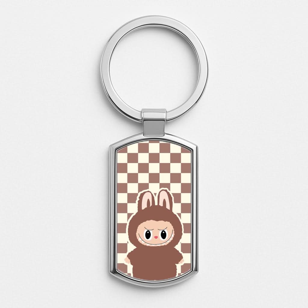 Checkered Cute Brown Monster  Silver Metal Keyring