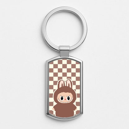 Checkered Cute Brown Monster  Silver Metal Keyring