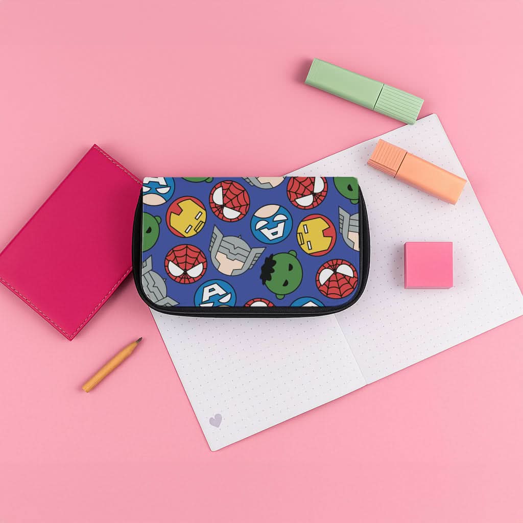 Cute Chibi Heroes Pattern Blue Pencil Case