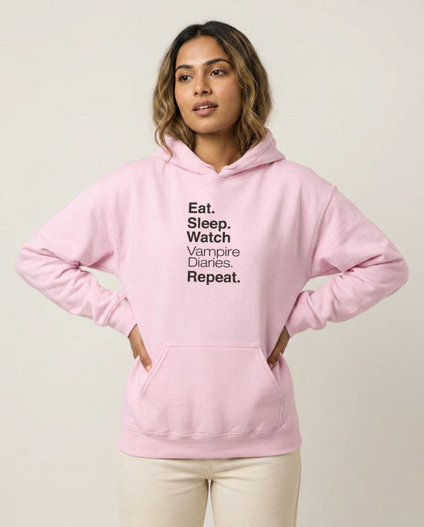Eat Sleep Watch VPD Repeat Hoodie — Pink Front, worn
