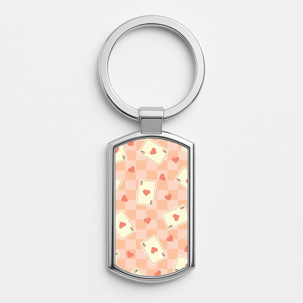 Cute Playing Cards And Hearts Pattern Silver Metal Keyring