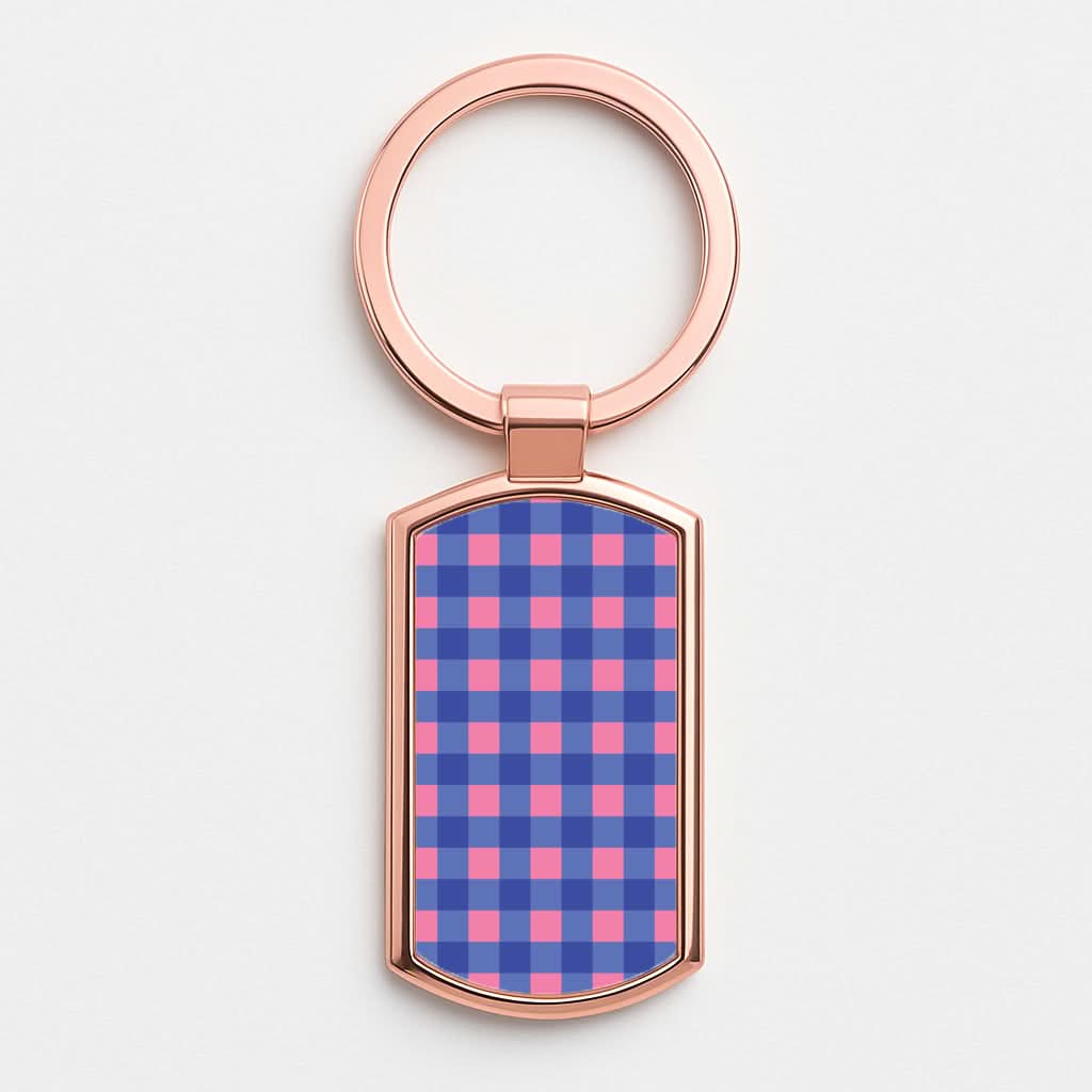 Pink And Blue Checkered Pattern Rose Gold Keyring