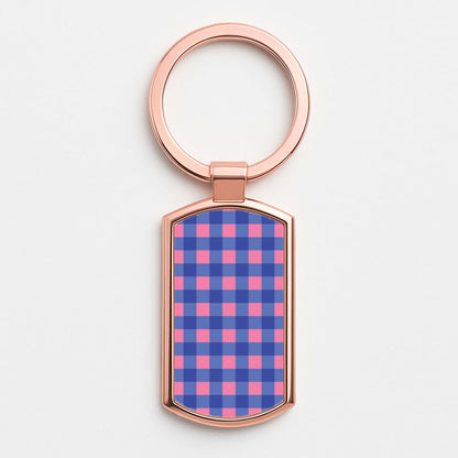 Pink And Blue Checkered Pattern Rose Gold Keyring