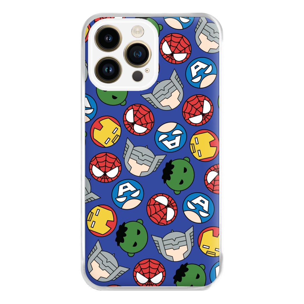 Cute Chibi Heroes Pattern Blue iPhone 14 Pro Case