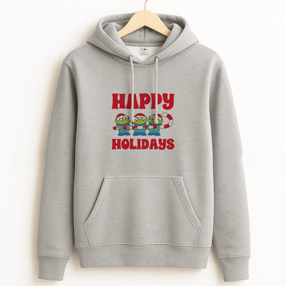 Happy Holidays Cute Green Aliens Unisex Grey Hoodie