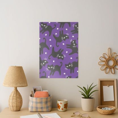 Cartoon Black Cats And Stars Pattern Art Print